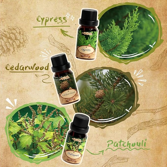 SALKING Woody Essential Oils Gift Set, Natural and Pure Aromatherapy Fragrance Oils for Diffuser, Humidifier, Massage- Frankincense, Teakwood, Sandalwood, Cypress, Cedarwood, Patchouli