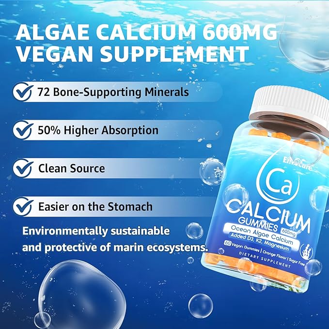 Sugar Free Calcium Gummies 600mg, Ocean Algae Calcium with Vitamin D3, K2, Magnesium, B6, B12, Organic Calcium Supplement for Bone Strength & Teeth Health, Orange Flavor, Vegan, 1 Pack