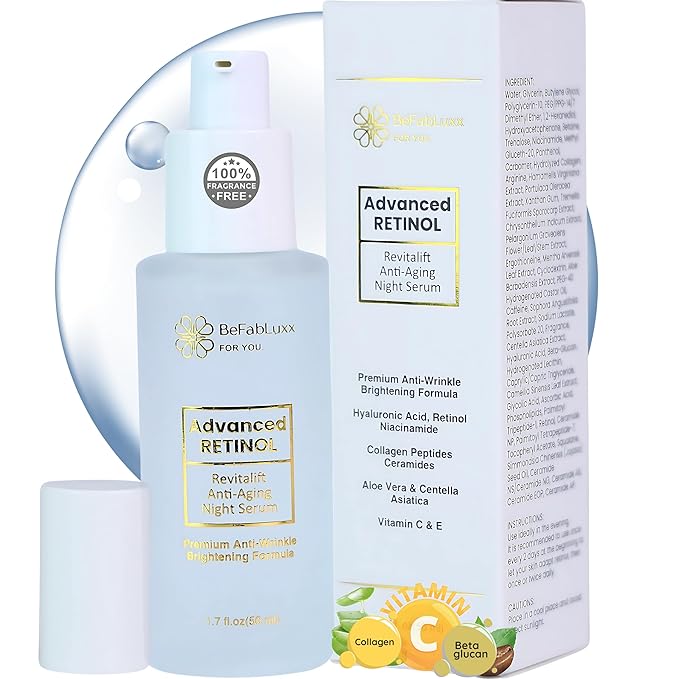 Retinol Night Serum Anti-Aging Facial Serum Firms Face & Neck Hyaluronic Acid, Niacinamide, Collagen, Glycolic Acid, Squalane Vitamin C & E (1.7fl, Hydration Boost)