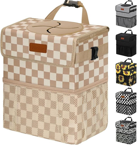 3 Gallons Car Trash Can with Lid, Bag Bin Hanging Waterproof Automotive Car Garbage Cans Leak Proof Vehicle Trash Can for Truck SUV, Khaki Checkered