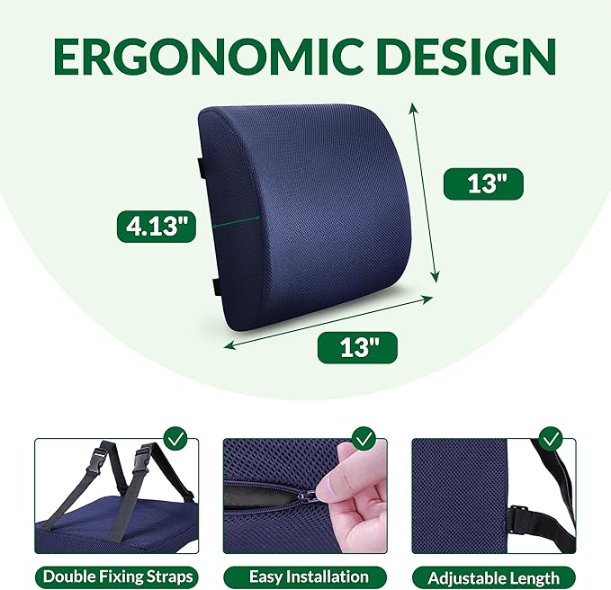 Back Support Pillow for Office Chair and Car Seat,Lumbar Support for Office,Charcoal Memory Foam Back Cushion-Breathable Mesh Cover,Double Adjustable Straps,Dark Blue