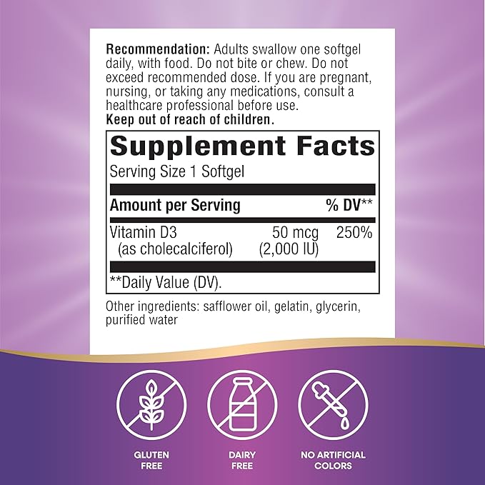 Nature's Way Vitamin D3 Extra Strength, Supports Bone Health and Immune Function*, 2000 IU (50 mcg per Serving), 240 Softgels (Packaging May Vary)