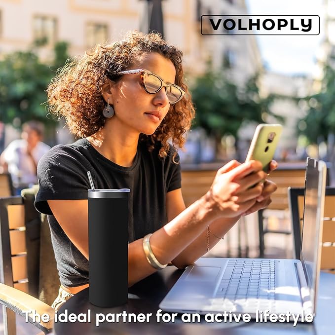Volhoply 4 Pack Skinny Tumblers with Lid and Straw, 20oz Stainless Steel Straight Tumbler Bulk, Vacuum Insulated Coffee Mug for Home, Office, Travel, DIY (Black,4 Pack)