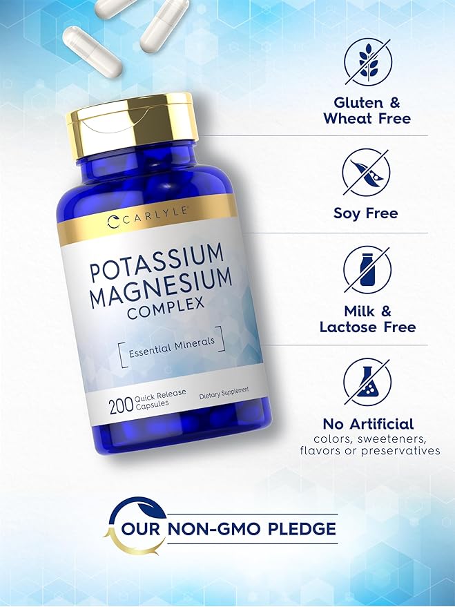 Carlyle Potassium Magnesium Supplement | 200 Count | Non-GMO & Gluten Free Complex