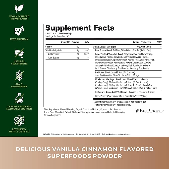 Nutrology Greens & Fruits Powder-Naturally Sourced Superfood, Vanilla Cinnamon (30 Servings) Grass Fed Whey Protein Powder, Creamy Chocolate Flavor (28 Servings)