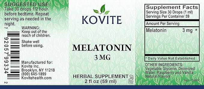 Melatonin Liquid 3 mg - Raspberry Vanilla Flavor - 2 fl oz.