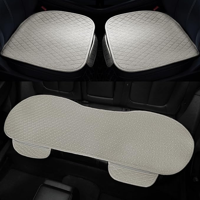 3 PCS Linen Car Seat Covers with Storage Pocket, Back Seat Covers Protectors with Non-Slip, Breathable Bench Seat Covers Universal Fit for SUVs, Cars, Trucks (Beige)