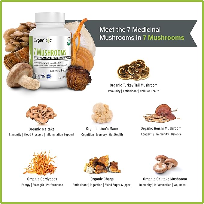 Organixx USDA Organic Mushroom Supplement, 7 Fermented Mushrooms – Lions Mane, Shiitake, Cordyceps, Turkey Tail, Reishi – for Immune & Digestion Support, 60 Vegetarian Capsules