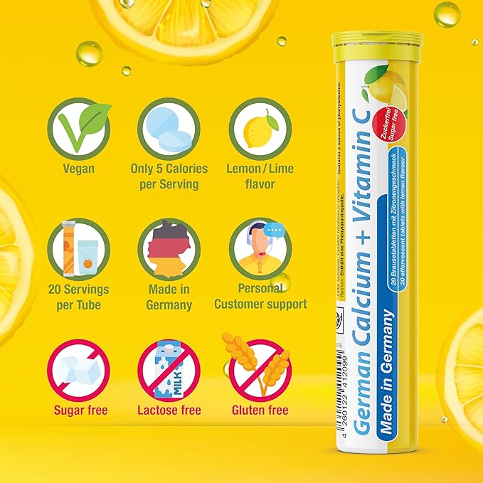 German Calcium + VIT. C - 40 Vegan Drink Effervescent Tablets - Lemon Lime Flavor - Made in Germany