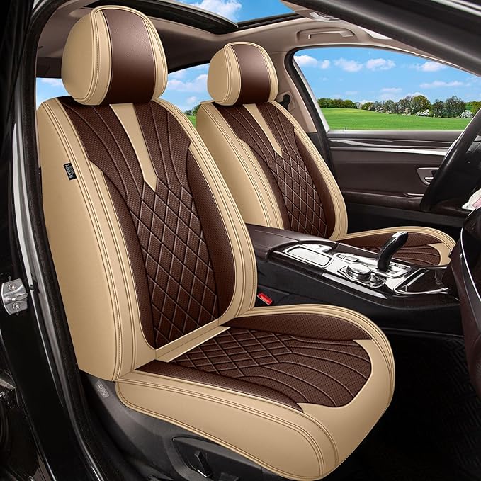 Breathable Car Seat Covers for Subaru Forester 2007-2025 2026, Front Seats, Perforated Leather, Seat Protector, Interior Trim for Subaru Forester Accessories (Beige&Brown)