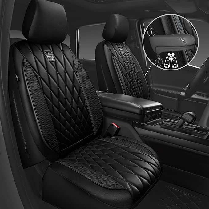 CAR PASS 5 Seats Piping Luxury Faux Leather Seat Covers Full Set, Anti-Slip Waterproof Seat Covers Compatible with Front Armrests, Universal Fit for Suvs,Vans,Trucks,Airbag Compatible, Pure Black