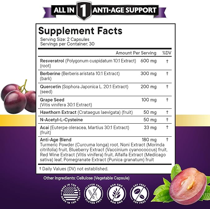 NEW AGE Resveratrol, Berberine, Grape Seed Extract, Quercetin - Polyphenol Supplement for Women and Men with Noni Extract, N-Acetyl Cysteine, Acai Extract - 60 Capsules