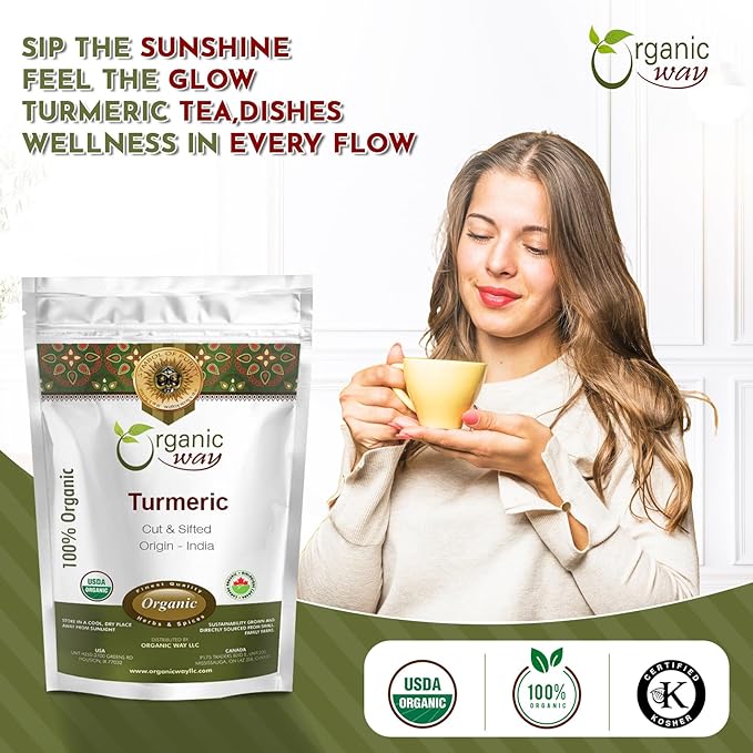 Organic Way Turmeric/Haldi Root Cut & Sifted (Curcuma longa) - Herbal Tea | Kosher & USDA Certified | Vegan, Non-GMO & Gluten Free | Tested for Heavy Metal and Purity | 100% Raw from India (1LBS / 16Oz.)
