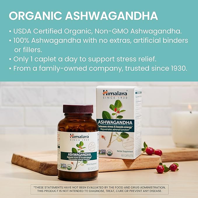 Himalaya Organic Ashwagandha, 90 Day Supply, Herbal Supplement for Stress Relief, Energy Support, Occasional Sleeplessness, USDA Certified Organic, Non-GMO, Vegan, Gluten Free, 670 mg, 90 Caplets