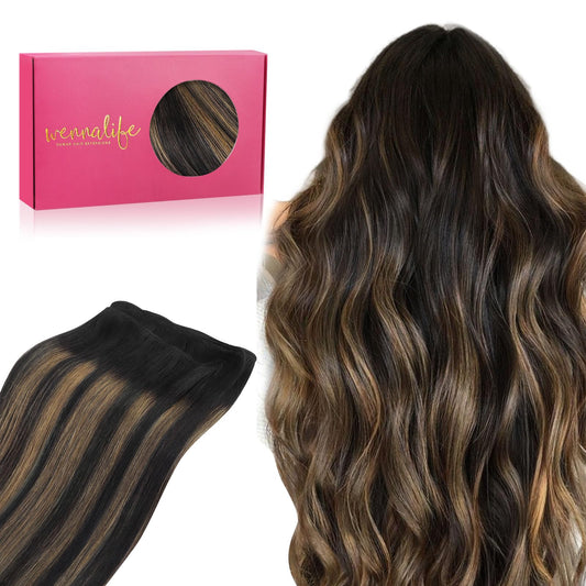 Wennalife Sew In Hair Extensions Real Human Hair, 18 Inch 90G Balayage Natural Black To Chestnut Brown Machine Weft Hair Extensi