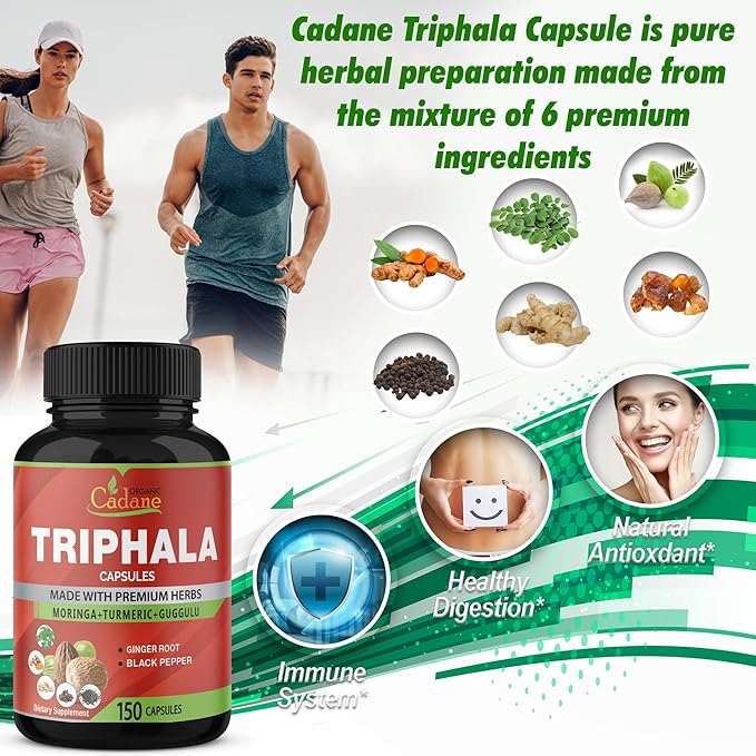 Organic Cadane Triphala Extract Capsules, 5 Months Supply with Turmeric, Guggulu, Ginger, Black Pepper, Moringa - Support Digestion Health & Immune System
