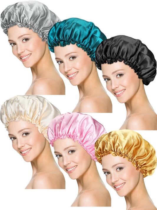 6 Pieces Sleep Cap Satin Bonnet Sleeping Hat Soft Elastic Night Hair Cover For Women Girls (Black, Beige, Silver, Gold, Pink, Pe