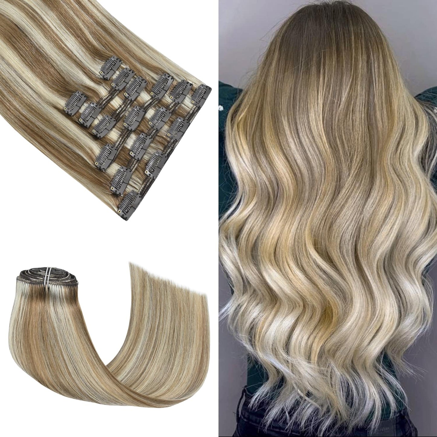 Honsoo Balayage Hair Extensions Real Human Hair Clip Ins 16In Ash Blonde To Platinum Blonde 120G 7Pcs Can Be Styled Hair Extensi