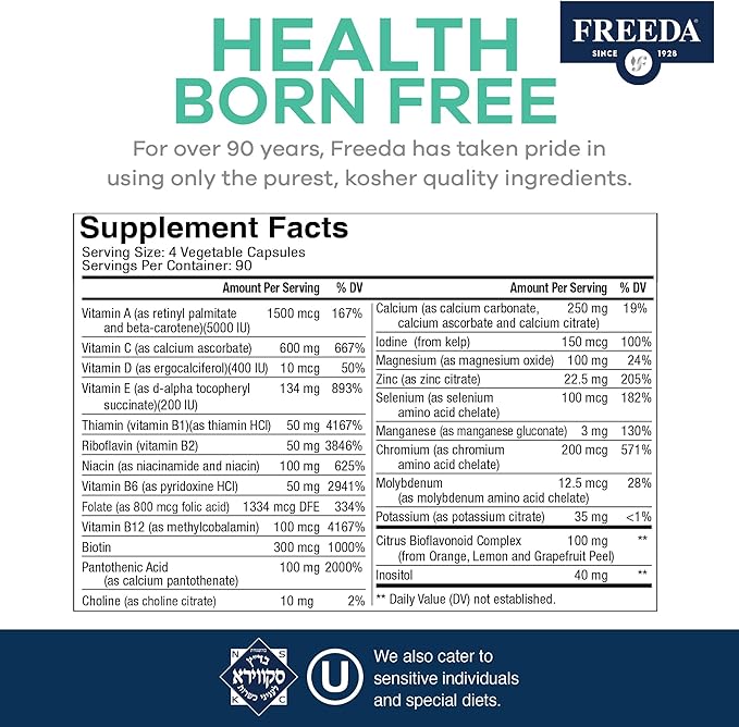 Freeda Multivitamin - Iron Free Ultra Freeda - Kosher Multi Vitamins Supplements for Women Health - Men’s Vitamins for Men Health - Multivitamins for Men & Women Adult Vitamins Multivitamin (360)