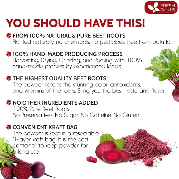 FreshDrinkUS, Premium 20oz Beet Root Powder, 100% Natural and Pure from Beet Root, Beetroot Powder Perfect for Smoothies, Energy Booster, Soups and Sauces. No Additives, No Gluten, No Sugar, Vegan