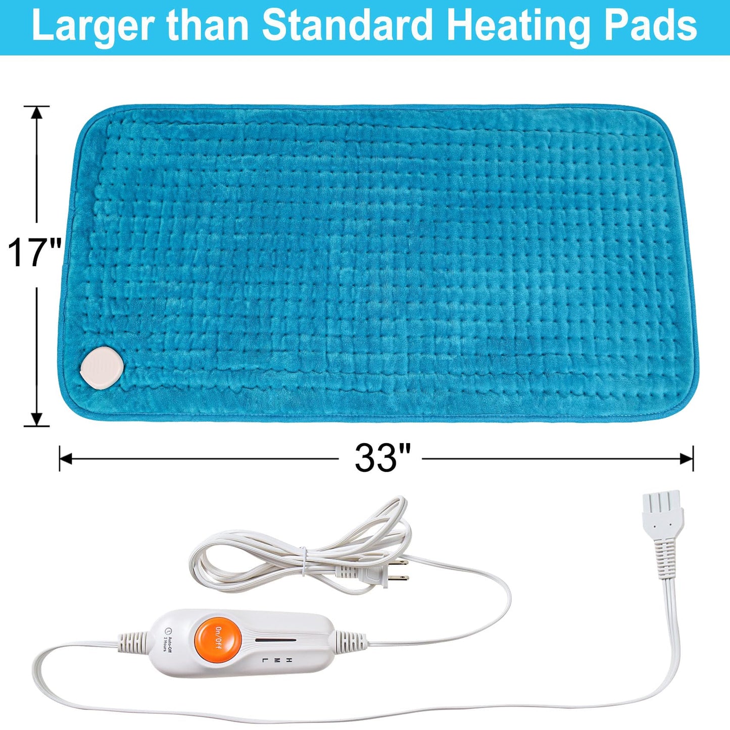 Boileau Electric Heating Pad for Back Pain and Period Cramps Relief, 17"x33" Extra Large XXXL, 3 Heating Levels Heat Pad with 2-Hour Auto Shut Off, Gifts for Women and Mom, Blue