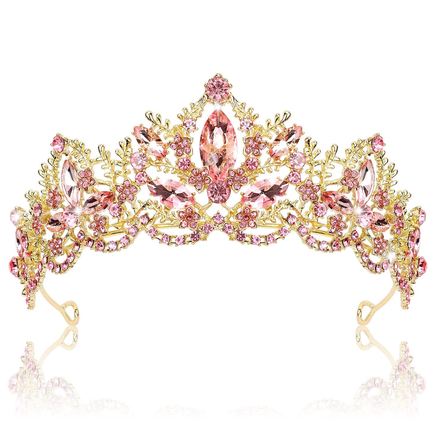 Exacoo Pink Tiara For Women Gold Crown For Girls Wedding Princess Birthday Crystal Rhinestones Headbands For Prom Bridal Party H