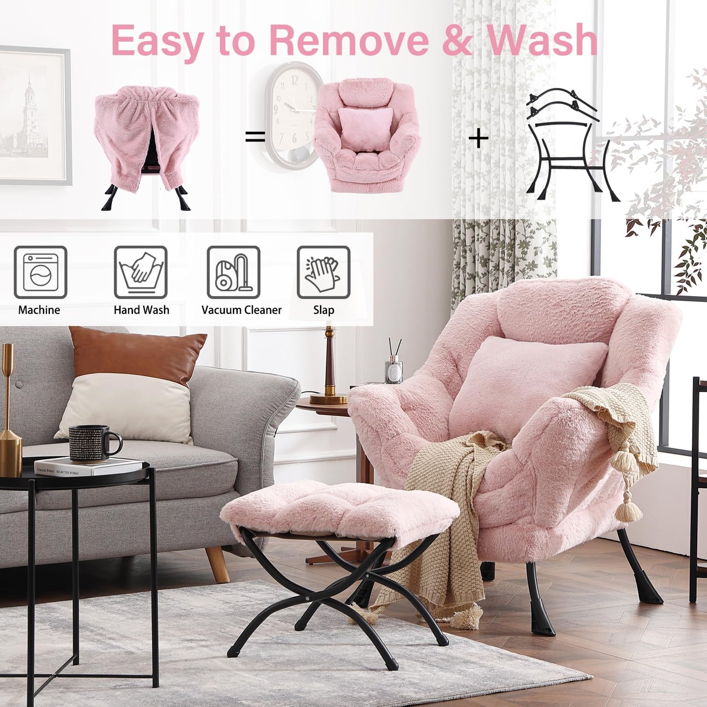 HomEastlly Large Lazy Chair with Ottoman, Accent Reading Chair with a Throw Pillow, Cozy Lounge Chair with Armrest, Leisure Sofa Chair for Living Room, Bedroom, Dorm, Plush Pink