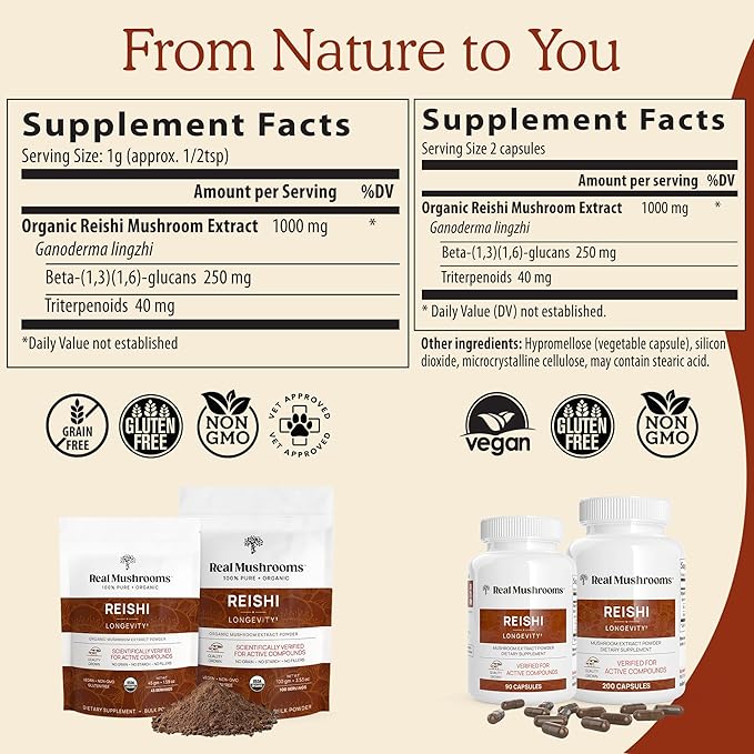 Real Mushrooms Reishi Powder - Organic Mushroom Extract Supplement with Potent Red for Longevity, Mood, Sleep, Immune Support Vegan Supplement, Non-GMO, 100 Servings