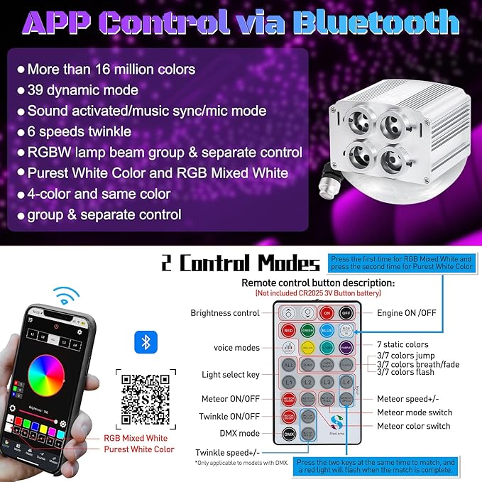 4 Colors 32W Twinkle Car Starlight Headliner Kit 600pcs*0.03in*13.1ft with APP&RF Remote, RGBW Fiber Optic Strands Star Roof Lights,4 Port Engine Sound Activated Ceiling Star Lights for Home/Car Decor
