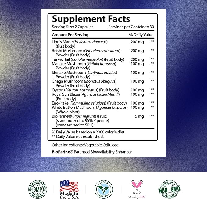 Research Verified Mushroom Complex - Support Immunity, Boost Antioxidants, Improve Cognitive Function - 10 Mushrooms Including Reishi, Maitake, and Shiitake - 180 Capsules - Vegan