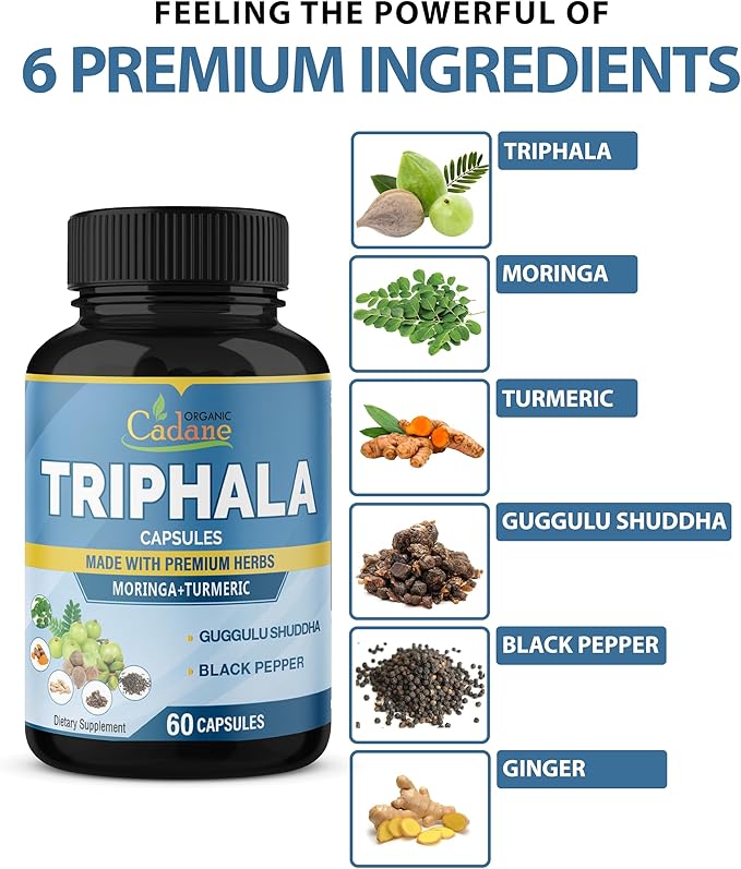 Organic Cadane Triphala Extract Capsules & Turmeric, Guggul, Ginger, Black Pepper, Moringa - Complex Supplement Herbs
