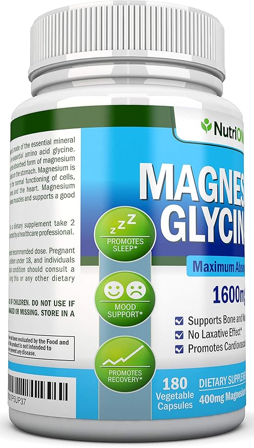 Magnesium Glycinate - 1600 mg - 180 Vegan Capsules - Maximum Absorption - Chelate Vegan Supplement - High Bioavailability - Great for Heart Health and Muscle Cramps