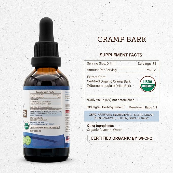 Secrets of the Tribe Cramp Bark USDA Organic | Alcohol-Free Extract, High-Potency Herbal Drops | Made from 100% Certified Organic Cramp Bark (Viburnum Opulus) Dried Bark (2 oz)