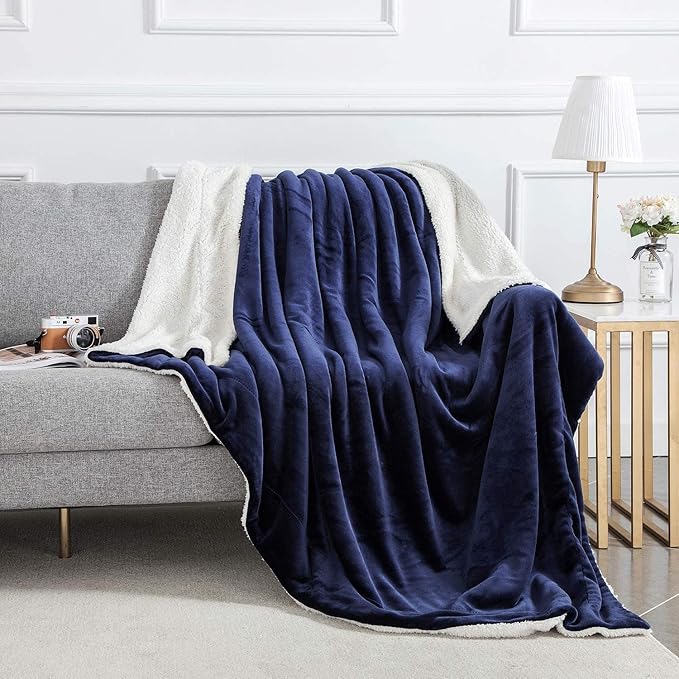 IR Imperial Rooms Sherpa Fleece Throw Blanket for Couch - Soft and Fuzzy Blanket for Winter - Reversible Thick and Warm Fluffy Throw Blankets for Bed, Sofa, Camping and Travel, Navy, 50x60 Inches