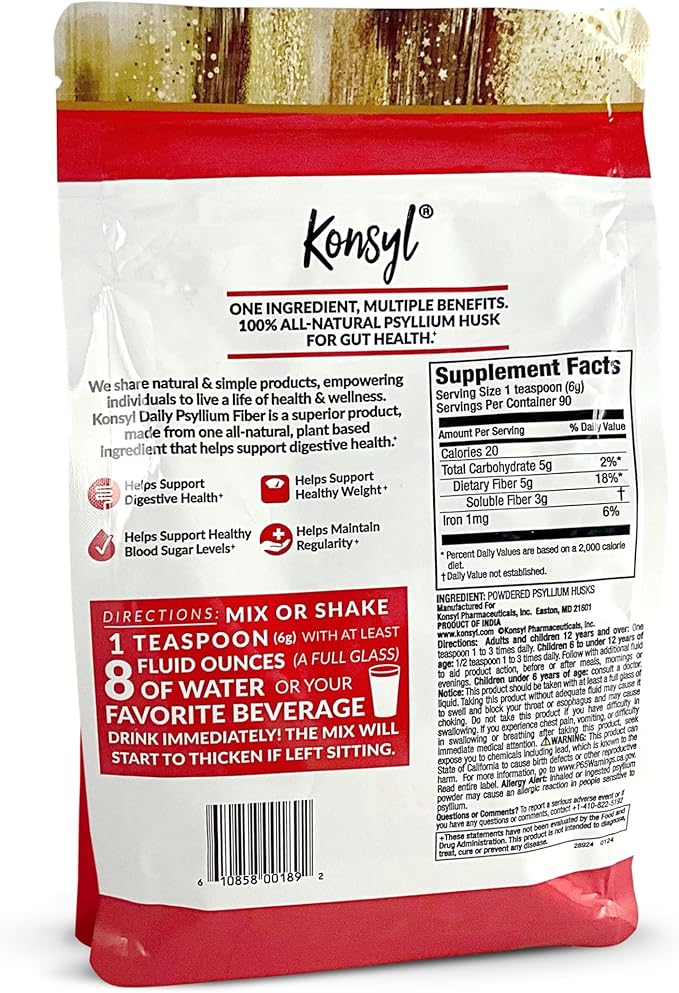 Konsyl Daily Psyllium Fiber Powder | 100% All-Natural Psyllium Husk for Gut & Digestive Health | No Sugar, No Fillers – 540g/19oz