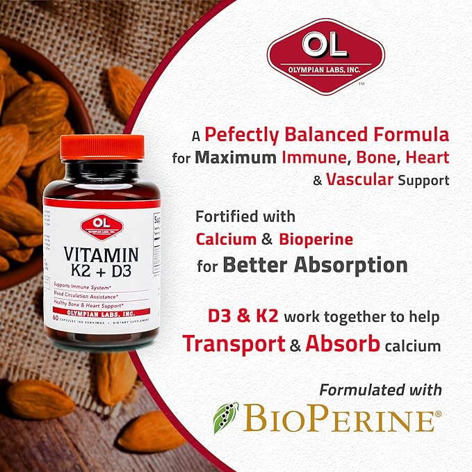 Olympian Labs Vitamin K2 + D3, 60 Servings, Supports Immune System, Bone and Heart Support, 60 Vegan Capsules