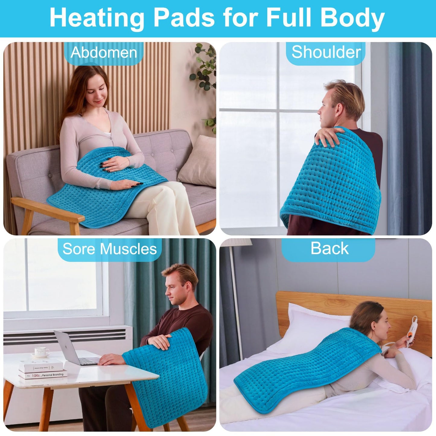 Boileau Electric Heating Pad for Back Pain and Period Cramps Relief, 17"x33" Extra Large XXXL, 3 Heating Levels Heat Pad with 2-Hour Auto Shut Off, Gifts for Women and Mom, Blue