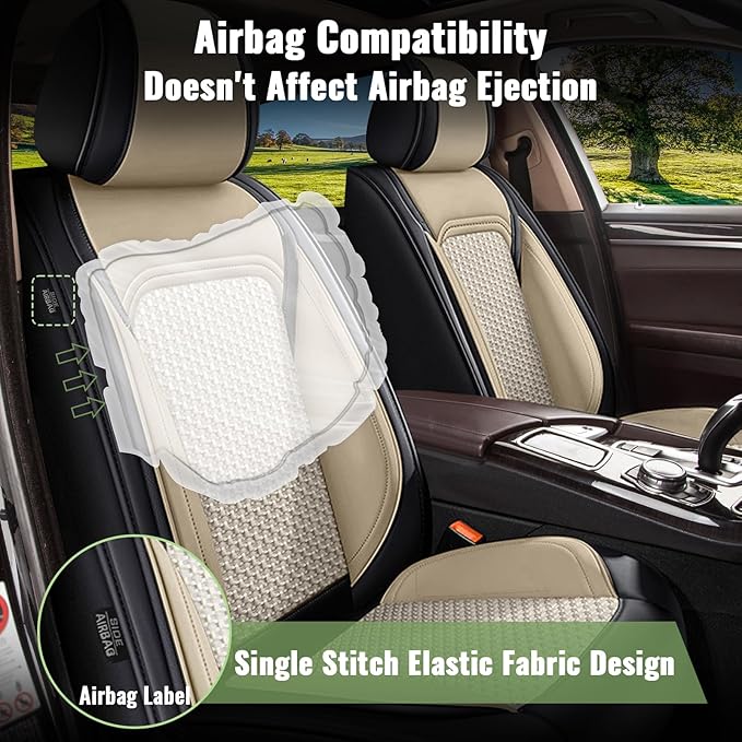 Car Seat Covers Full Set for Honda Pilot 2005-2016: Breathable Cool Ice Silk Leather Seat Covers (Black & Beige)