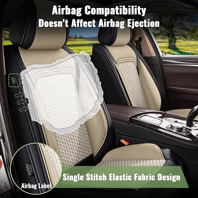 Car Seat Covers Full Set for Toyota Prius 2003-2015 - Cooling Ice Silk Leather Seat Cover - Ventilated 5 Seats Vehicle Seat Cushion Protector Automotive Accessories (Black&Beige)