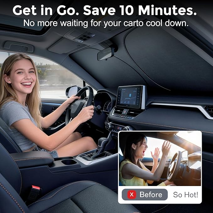 [Upgrade] DooGooGoo Windshield Sun Shade - Medium, Sunshade for Car Windshield [Heat Shield & UV Block] Car Sun Shade Protect Interior & Keep Car Cooler Foldable Front Windshield Shade (64x32 Inches)