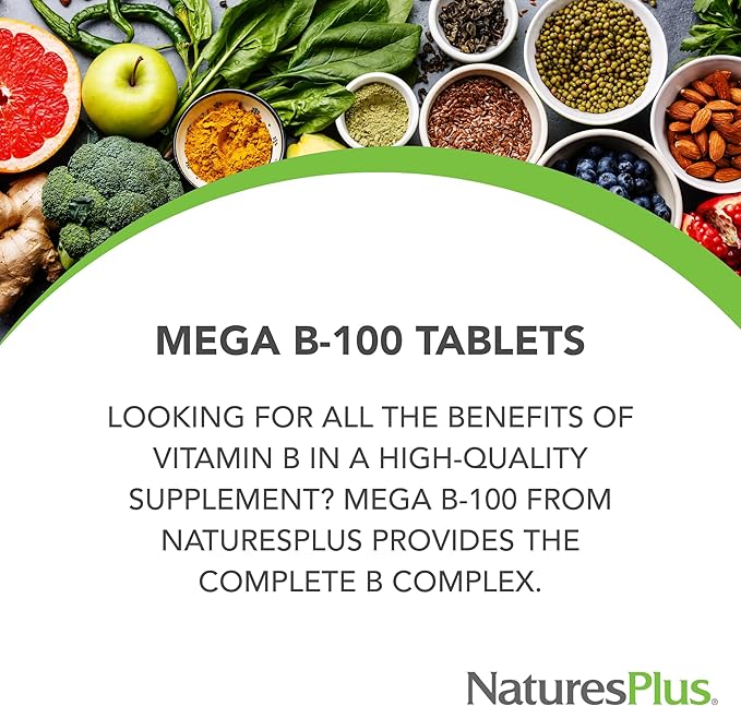NaturesPlus Mega B-100 Complex - 60 Sustained Release Tablets - Balanced B Complex - Energy Support - Vegetarian, Gluten Free - 60 Servings