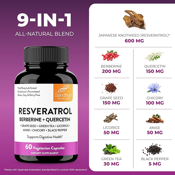 Resveratrol with Berberine for Gut Health | Digestive Supplement for Women and Men | Green Tea, Star Anise, DGL, Grape Seed Extract and Quercetin | Eases Bloating | 60 Vegetarian Capsules for Adults