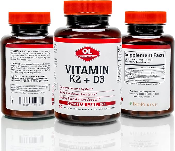 Olympian Labs Vitamin K2 + D3, 60 Servings, Supports Immune System, Bone and Heart Support, 60 Vegan Capsules