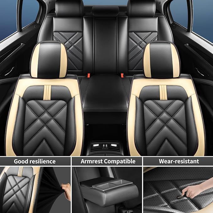 CX-7 Car Seat Covers Fit for Mazda CX-7 2007-2012, Full Coverage Premium Leather Waterproof Breathable Seat Covers Automotive Seat Protectors, Airbag Compatible(Full Set Seats, Black Beige)