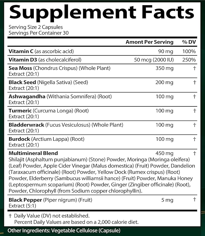 Sea Moss Black Seed Oil Ashwagandha Ginger, Organic Sea Moss Capsules with Burdock Root, Irish Seamoss Pills with Bladderwrack, Turmeric, Shilajit, Multimineral Supplement, USA