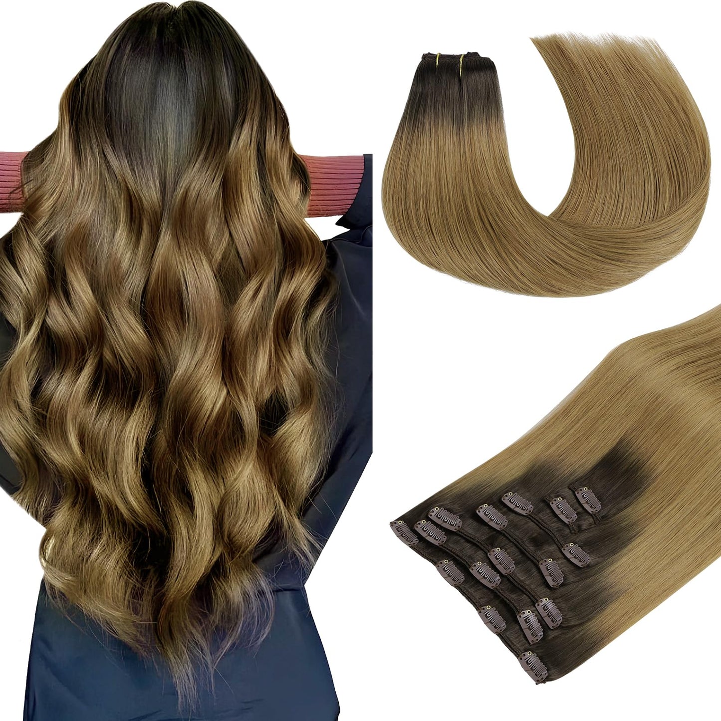 Maxita Hair Extensions Clip In Human Hair, 7Pcs 120G Ash Dark To Light Chestnut Brown 20 Inch,Clip In Hair Extensions Real Human