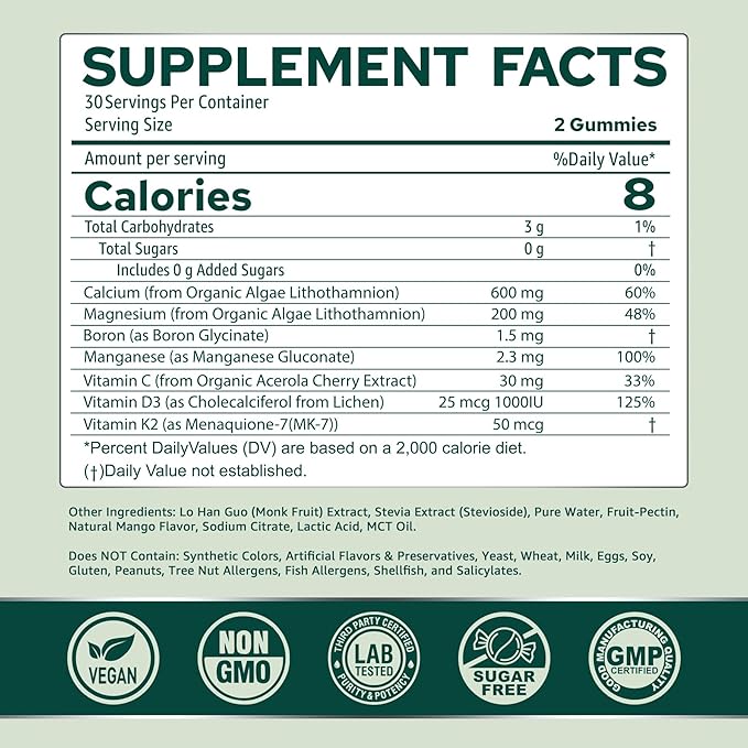 Calcium Gummies for Women, Sugar Free Calcium Supplement from Sustainable Algae (3rd Party Tested) with Vitamin D3 K2, C, Zinc, Boron, Manganese for Bone Strength, Calcium Absoption, Vegan, 60 Counts