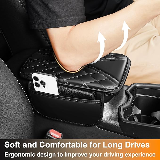 Car Center Console Cover Fit for Jeep Gladiator - Leather Armrest Covers with 2 Storage Pockets(Black)