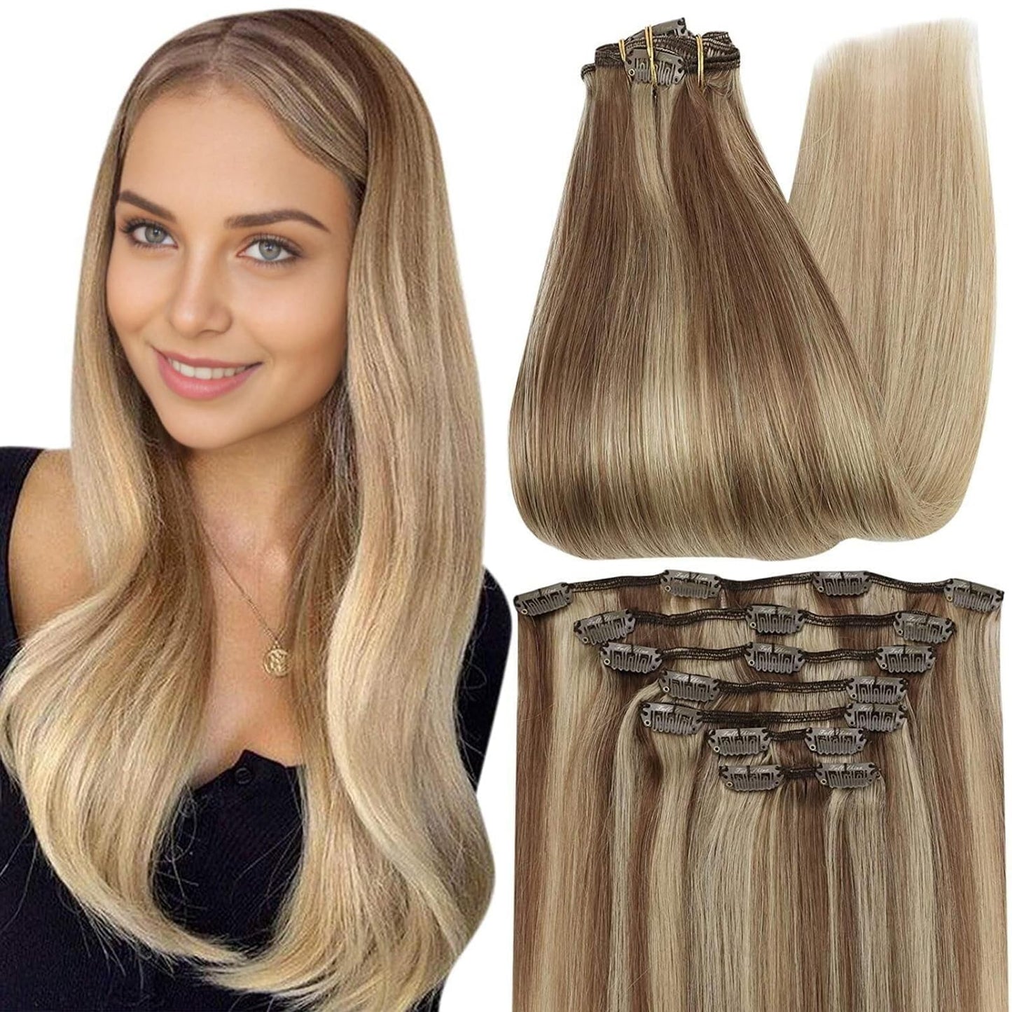 Full Shine Clip In Hair Extensions Balayage Hair Extensions Clip In Human Hair Balayage Golden Brown To Dirty Blonde Straight Ha