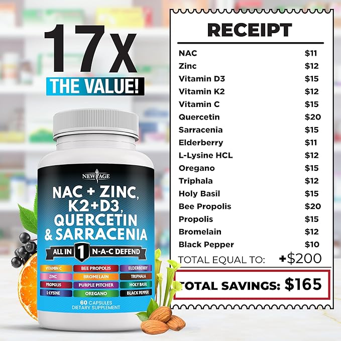NEW AGE NAC Supplement N-Acetyl Cysteine- with Vitamin D3, K2, Zinc, Quercetin, Triphala, Sarracenia Purpurea, Elderberry, Holy Basil, Bee Propolis, Bromelain, L-Lysine - 180 Count